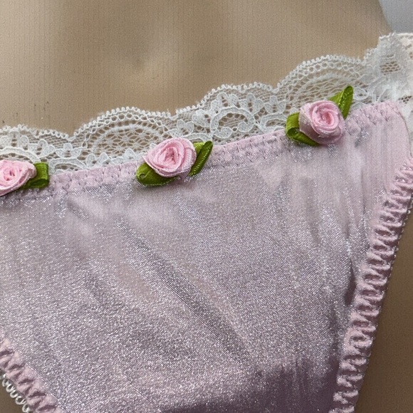 Coquette Girlie Pink Silky Satin Lace & Rosette Trim‎ Feminine Thong Panties NWT - Picture 5 of 13